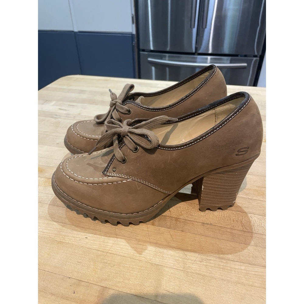 Skecher Girl Chunky Lace Up Lug Sole Camel Brown Heeled Oxford Shoes 7 Y2K Read
